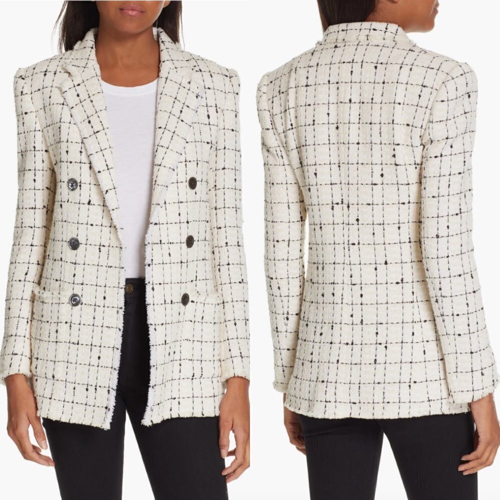 Rebecca Taylor Cream Windowpane Plaid Tweed Double Breasted Blazer
